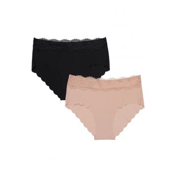 Set 2 perechi de chiloti cu talie inalta  Bumbac - Negru/Bej