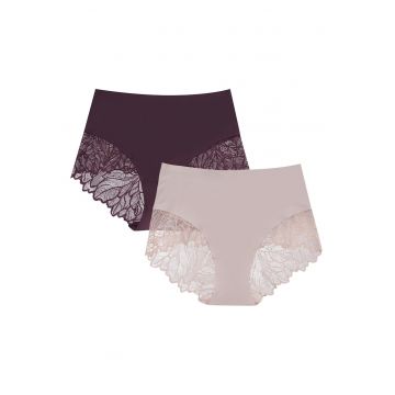 Set 2 perechi de Chiloti Pansy  cu talie inalta - Bumbac - Mov/Roz