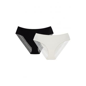Chiloti dama cu talie inalta - set de 2 negru-alb Parija