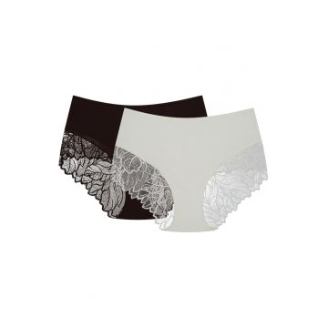 Chiloti dama cu talie inalta - set de 2 perechi - maro - alb crem - Pinky