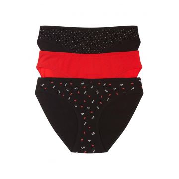 Set 3 perechi de chiloti Mi-Mi -  Bumbac - pentru femei - Negru/Rosu