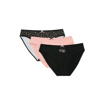 Set 3 perechi de chiloti Mi-Mi -  Bumbac - pentru femei - Negru/Roz