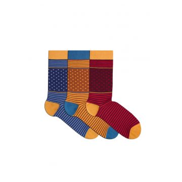 Sosete bambus FINE BAMBOO buline si dungi cutie 3 buc. maro visiniu albastru inchis