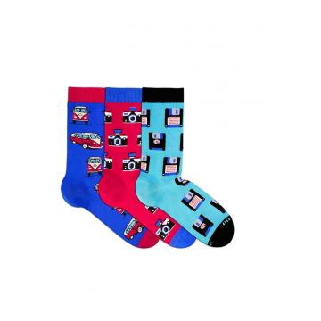 Sosete bumbac BOX 3 Colour Cotton Socks RETRO Floppy disks Cameras Buses