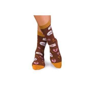 Sosete bumbac Colour Cotton cu trandafir si craniu Maro - Multicolor