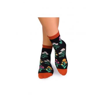Sosete bumbac de lungime medie - model floral - Negru