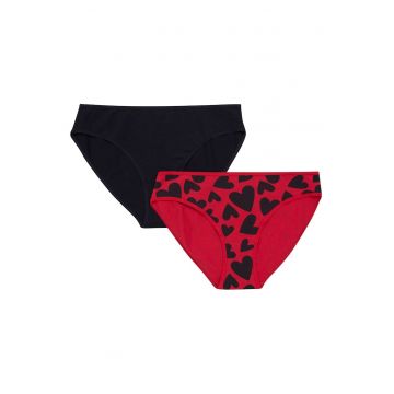 Set 2 perechi de chiloti dama -  Bumbac - Negru/Rosu
