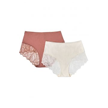Set 2 perechi de chiloti Pinky  Bumbac - cu talie inalta - Bej/Crem