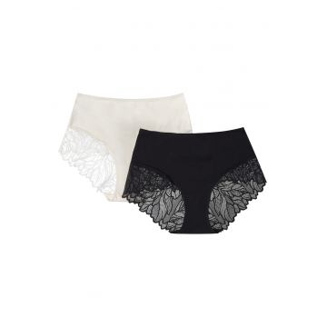 Set 2 perechi de chiloti Pinky  Bumbac - cu talie inalta - Negru/Crem