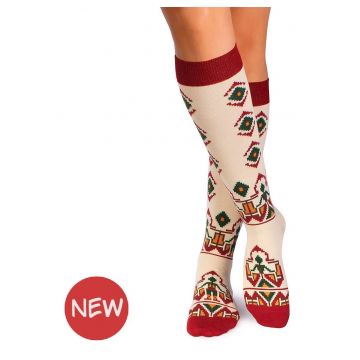 Sosete dama lungi 3/4 din bumbac cu motive traditionale romanesti Ecru