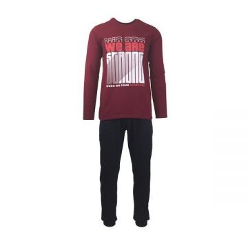 Pijama pentru barbat, Univers Fashion, bluza bordo cu imprimeu pe piept, pantaloni lungi bleumarin, L