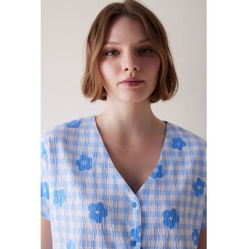 Bluza de pijama cu imprimeu si maneci scurte - Albastru pastel