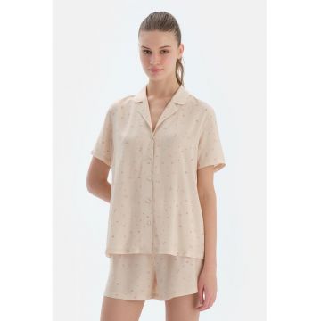 Bluza de pijama cu maneci scurte si model floral - Portocaliu pal