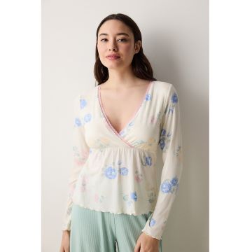 Bluza de pijama cu model floral si cupe cu burete detasabil - Albastru pastel/Galben pal/Roz prafuit