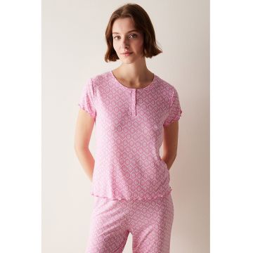 Bluza de pijama cu model si maneci scurte - Roz pastel