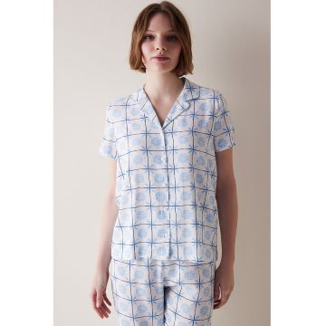 Bluza de pijama cu nasturi si imprimeu - Alb/Albastru