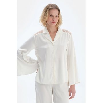 Bluza de pijama cu segment din dantela - Alb murdar