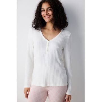 Bluza de pijama striata cu decolteu in V - Alb/Roz