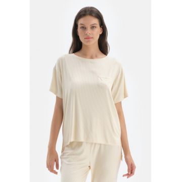 Bluza de pijama striata cu maneci cazute - Crem