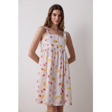 Camasa de noapte cu decolteu patrat - Rosu/Alb/Galben