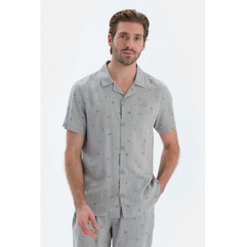 Camasa de pijama cu imprimeu si buzunar pe piept - Gri deschis