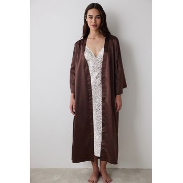 Halat din satin cu maneci lungi - Maro