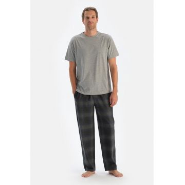 Pantaloni de pijama cu model in carouri si snur in talie - Gri deschis/Albastru inchis/Gri inchis