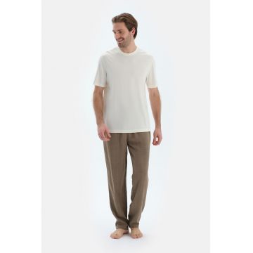 Pantaloni de pijama cu snur de ajustare - Maro inchis/Alb murdar