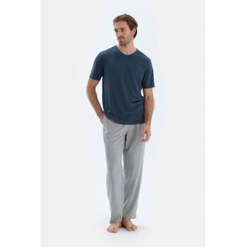 Pantaloni de pijama cu snur de ajustare si model in carouri - Gri deschis/Albastru inchis