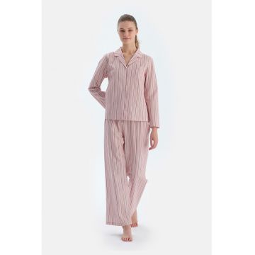 Pantaloni de pijama cu snur de ajustare si model in dungi - Roz pastel