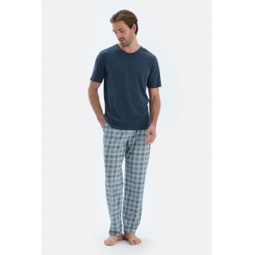 Pantaloni de pijama din amestec de bumbac - Albastru prafuit/Alb murdar/Bleumarin