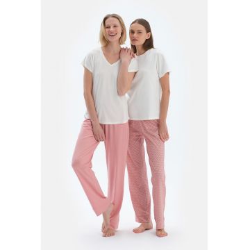Pantaloni de pijama din amestec de bumbac - Roz somon/Alb optic