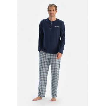 Pijama cu fenta cu nasturi si pantaloni lungi - Albastru inchis/Albastru prafuit/Gri cenusiu