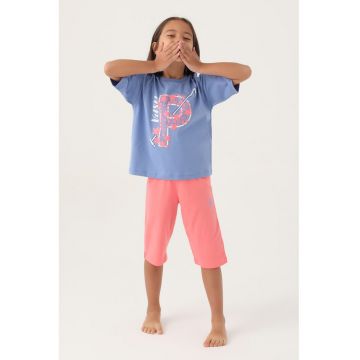 Pijama cu imprimeu si maneci cazute - Albastru lavanda/Roz