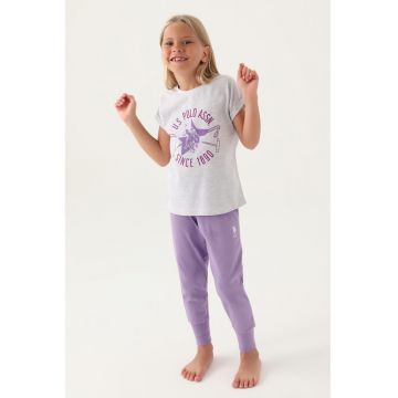 Pijama cu logo si maneci scurte - Gri melange/Violet prafuit