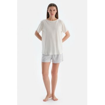 Pijama cu maneci scurte - Alb fildes/Gri melange