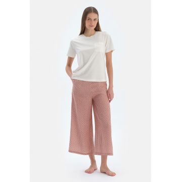 Pijama cu maneci scurte si pantaloni crop cu croiala ampla - Alb murdar/Roz prafuit