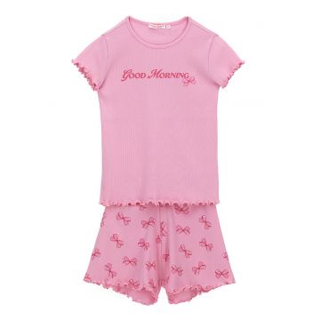 Pijama cu model - maneci scurte si terminatii valurite - Rosu stins/Roz