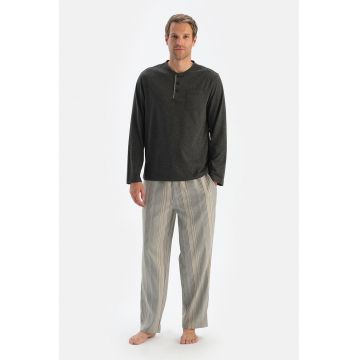 Pijama cu pantaloni lungi si decolteu la baza gatului - Bej/Gri inchis melange/Alb murdar