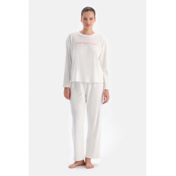 Pijama cu pantaloni lungi si model uni - Alb murdar