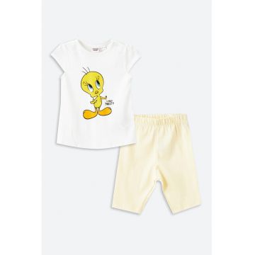 Pijama cu pantaloni scurti - din bumbac - cu imprimeu - Alb/Galben pal