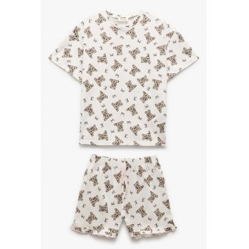 Pijama cu pantaloni scurti si model cu ursulet - Negru/Maro inchis/Alb murdar