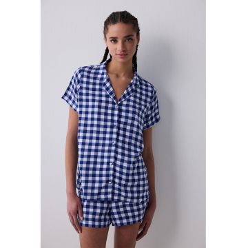 Pijama cu pantaloni scurti si model in carouri - Alb/Bleumarin