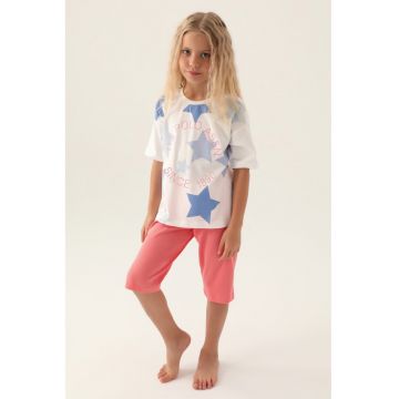 Pijama cu stele si maneci cazute - Alb/Roz