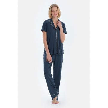 Pijama cu vipusca contrastanta - Albastru inchis/Alb murdar