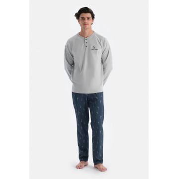 Pijama de bumbac cu maneci lungi - Gri/Albastru inchis