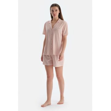 Pijama din amestec de bumbac - 2 piese - Alb/Maro/Roz pastel