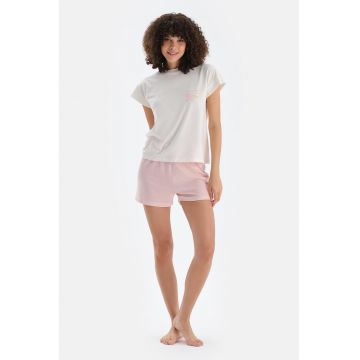 Pijama din amestec de bumbac - 2 piese - Alb/Roz pastel