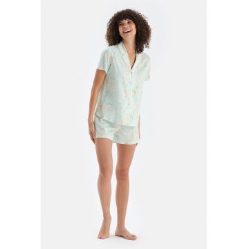 Pijama din amestec de bumbac cu model floral - 2 piese - Alb/Bej/Verde pal