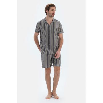 Pijama din amestec de bumbac cu model in dungi - Negru stins/Verde pal/Gri inchis